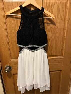 Speechless Black Lace & White Chiffon Cutout Prom Dress
